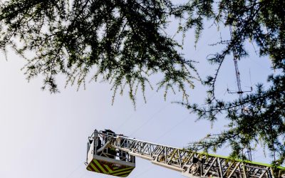 Mechanical ladder of firefighters seen from below with blue sky in the background.